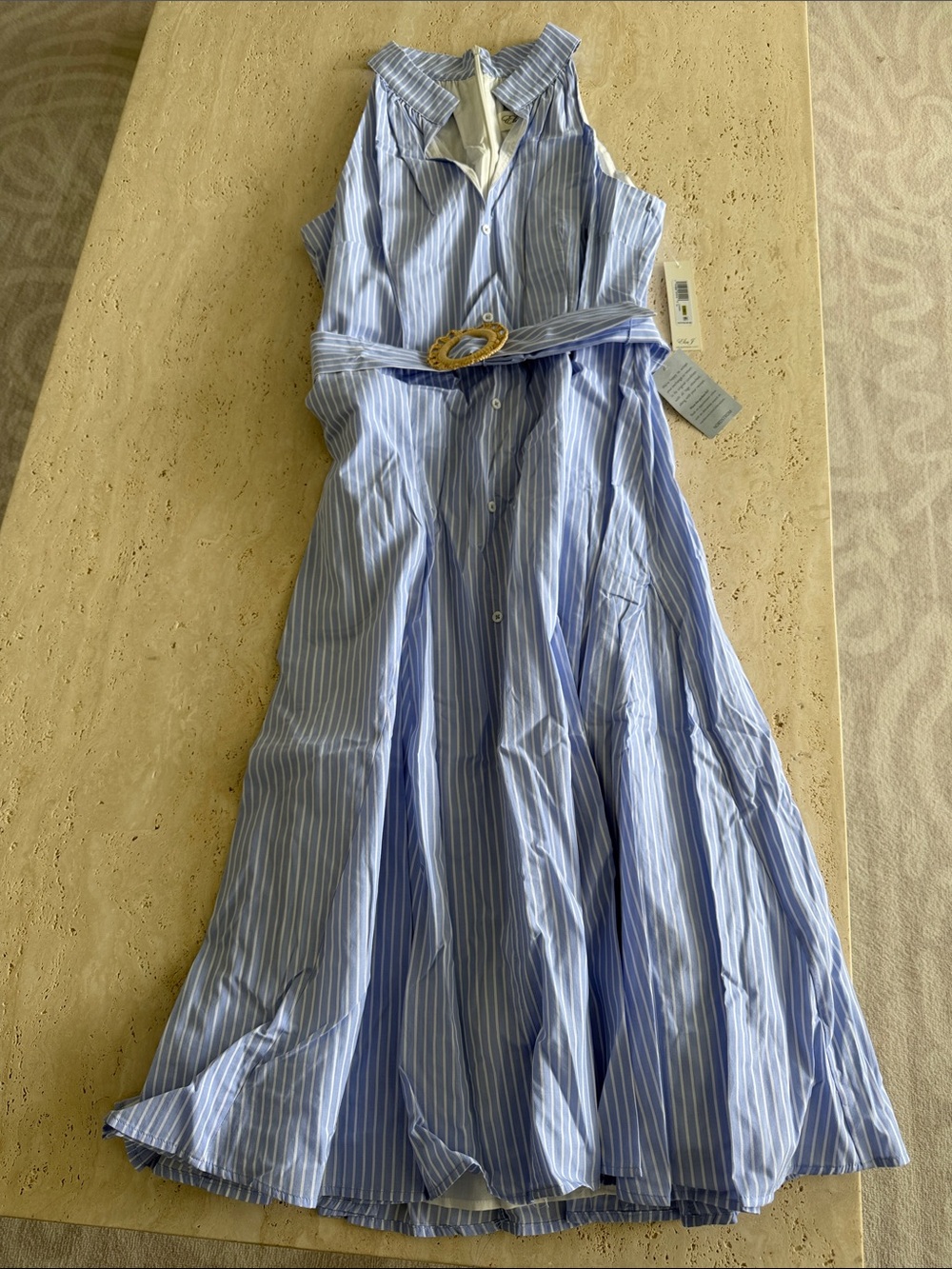 Eliza J Light Blue and White Striped Midi Shirt Dress with Belt